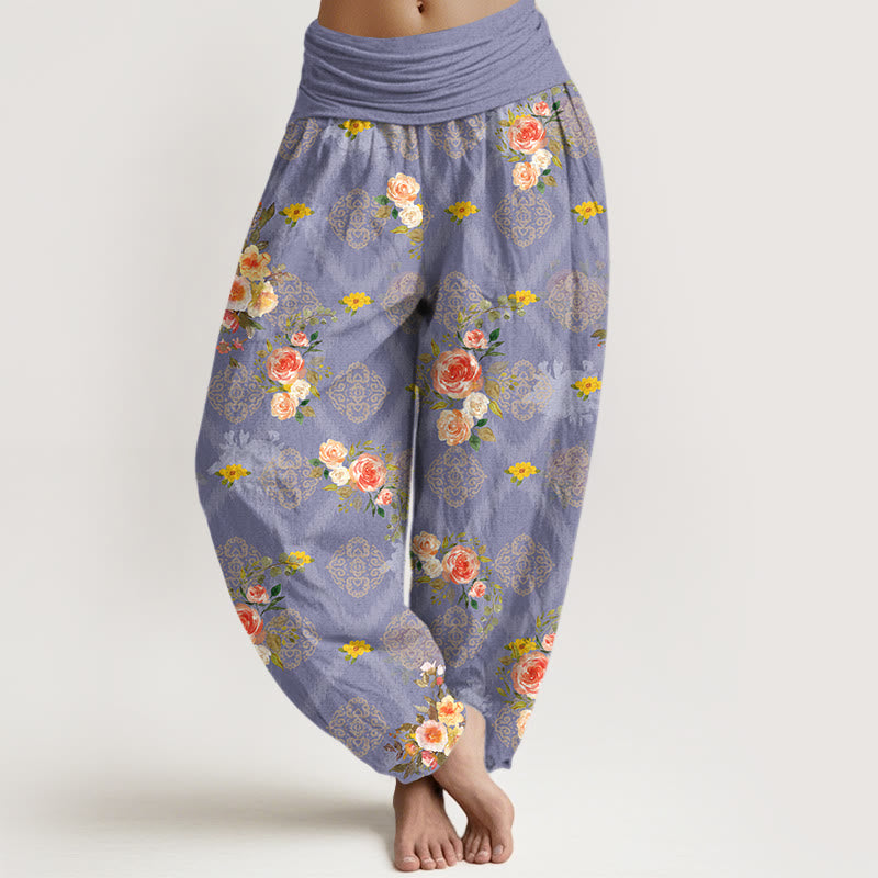 Buddha Stones Pantalones harem de mujer con cintura elástica y estampado geométrico de rosas de algodón. - Lavanda - US16，UK/AU20，EU48 (3XL) - image 8