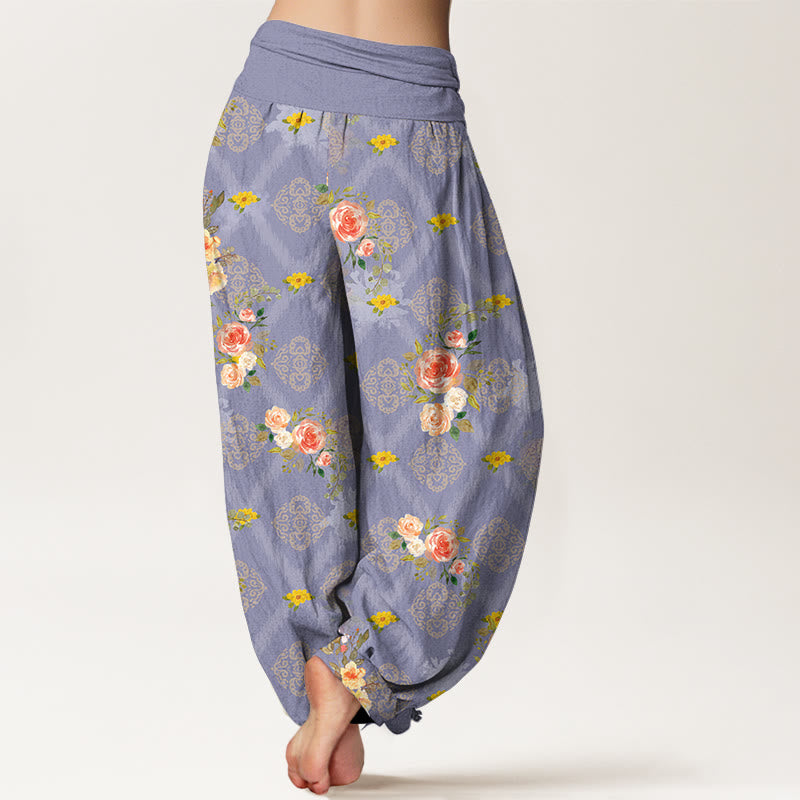 Buddha Stones Pantalones harem de mujer con cintura elástica y estampado geométrico de rosas de algodón. - image 9