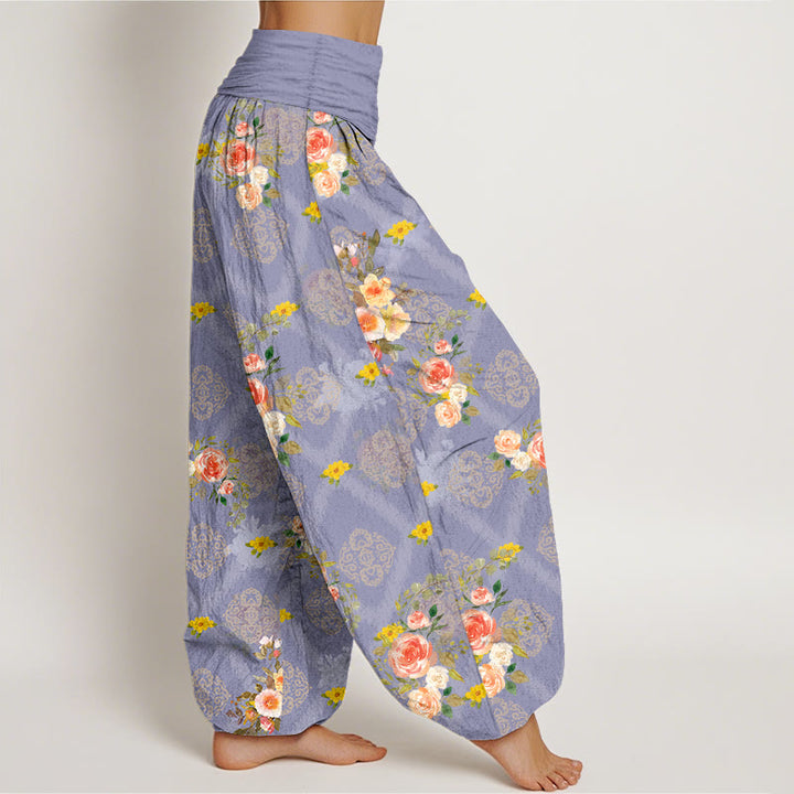 Buddha Stones Pantalones harem de mujer con cintura elástica y estampado geométrico de rosas de algodón. - image 10