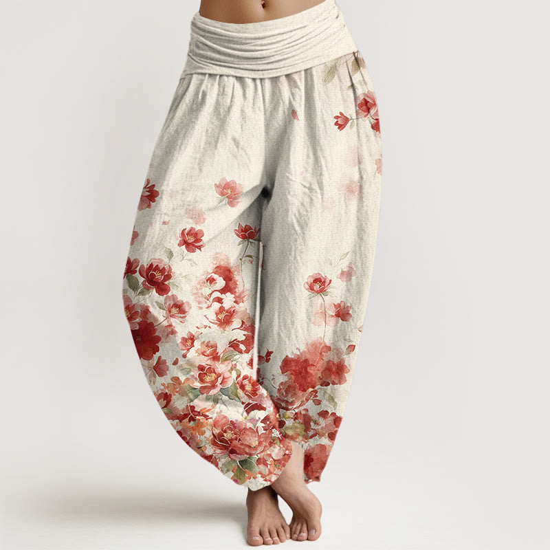 Buddha Stones Pantalones harem de mujer con cintura elástica y estampado de flores de camelia y peonía de algodón. - Blanco floral - US16，UK/AU20，EU48 (3XL) - image 0