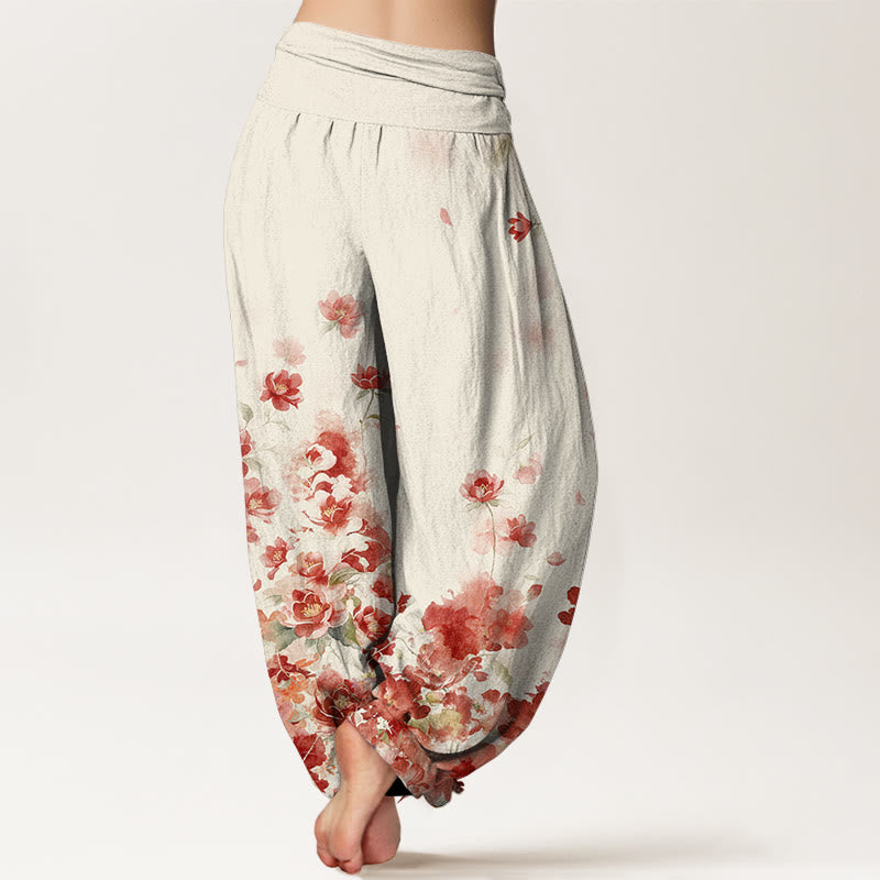 Buddha Stones Pantalones harem de mujer con cintura elástica y estampado de flores de camelia y peonía de algodón. - image 1