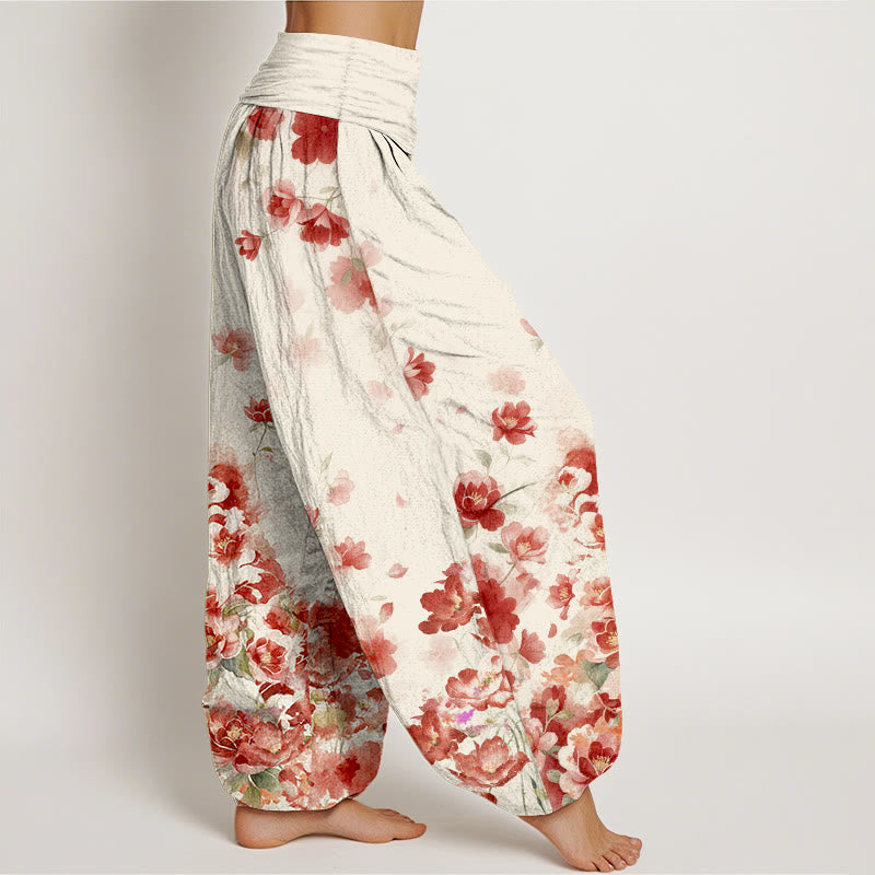 Buddha Stones Pantalones harem de mujer con cintura elástica y estampado de flores de camelia y peonía de algodón. - image 2