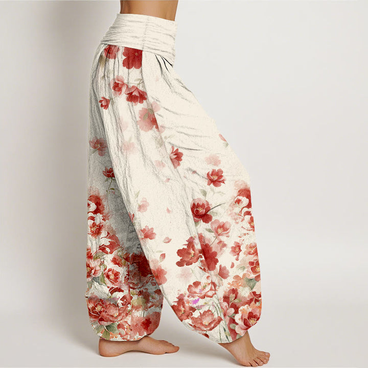 Buddha Stones Pantalones harem de mujer con cintura elástica y estampado de flores de camelia y peonía de algodón. - image 2