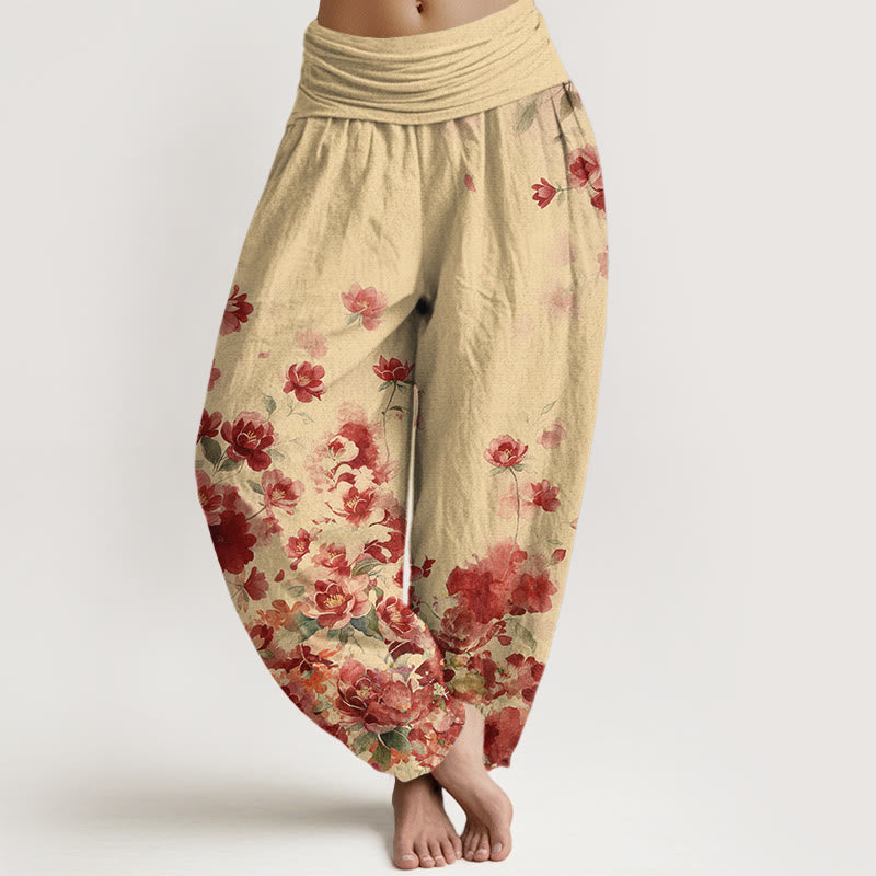 Buddha Stones Pantalones harem de mujer con cintura elástica y estampado de flores de camelia y peonía de algodón. - Limón Chiffon - US16，UK/AU20，EU48 (3XL) - image 5
