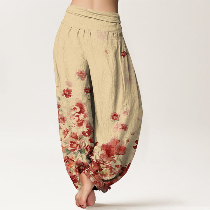 Buddha Stones Pantalones harem de mujer con cintura elástica y estampado de flores de camelia y peonía de algodón. - image 6