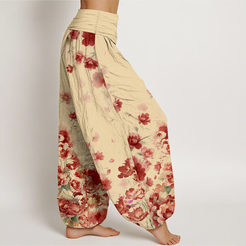 Buddha Stones Pantalones harem de mujer con cintura elástica y estampado de flores de camelia y peonía de algodón. - image 7