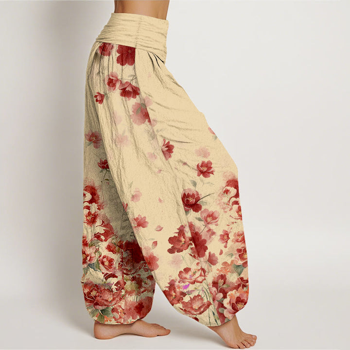 Buddha Stones Pantalones harem de mujer con cintura elástica y estampado de flores de camelia y peonía de algodón. - image 7