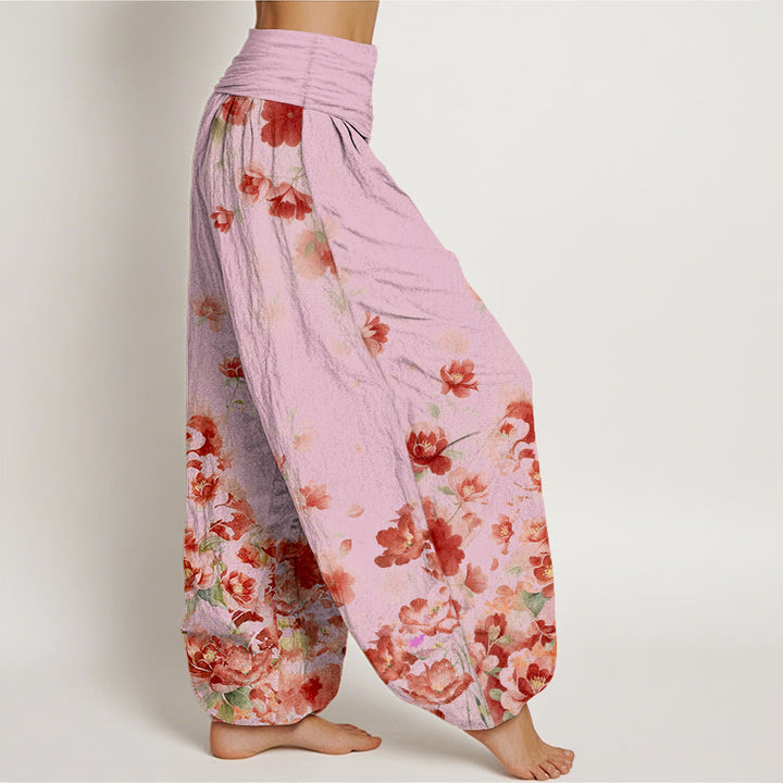 Buddha Stones Pantalones harem de mujer con cintura elástica y estampado de flores de camelia y peonía de algodón. - image 10