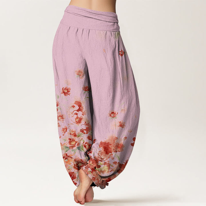 Buddha Stones Pantalones harem de mujer con cintura elástica y estampado de flores de camelia y peonía de algodón. - image 9