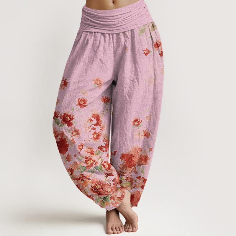 Buddha Stones Pantalones harem de mujer con cintura elástica y estampado de flores de camelia y peonía de algodón. - rosa claro - US16，UK/AU20，EU48 (3XL) - image 8