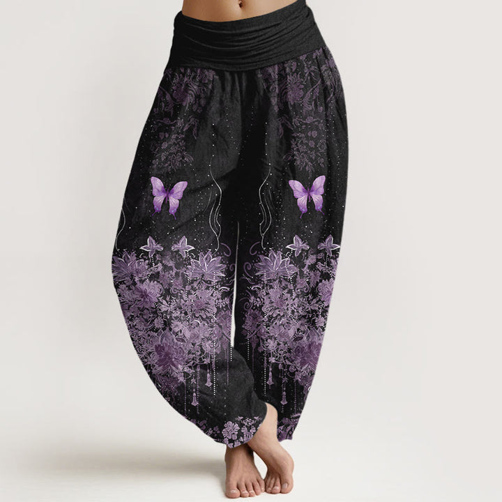 Buddha Stones Pantalones harem de algodón con estampado floral de mariposas para mujer con cintura elástica. - Negro - US16，UK/AU20，EU48 (3XL) - image 0