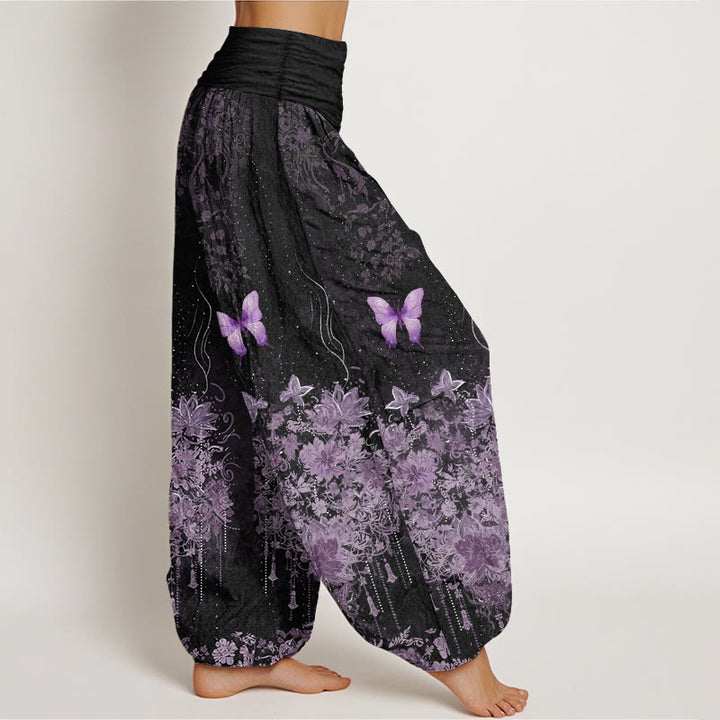 Buddha Stones Pantalones harem de algodón con estampado floral de mariposas para mujer con cintura elástica. - image 2