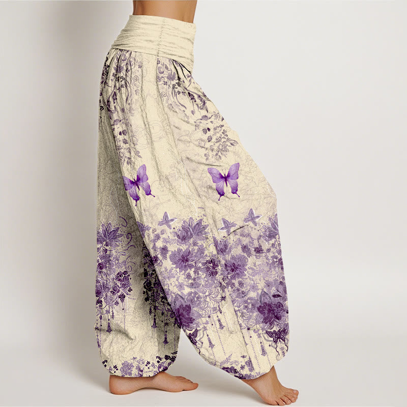 Buddha Stones Pantalones harem de algodón con estampado floral de mariposas para mujer con cintura elástica. - image 7