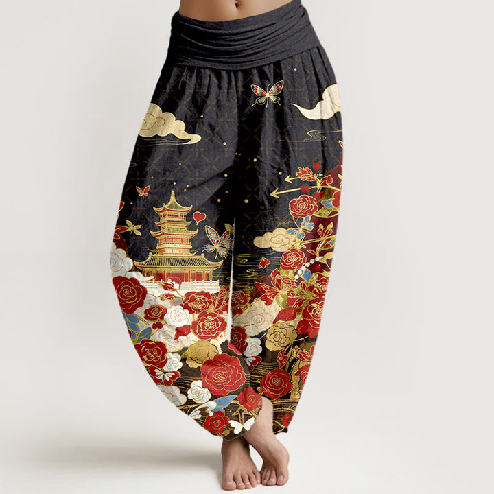 Buddha Stones Pantalones harem de mujer con cintura elástica y estampado de mariposas, rosas y pagodas de algodón. - Negro - US16，UK/AU20，EU48 (3XL) - image 0