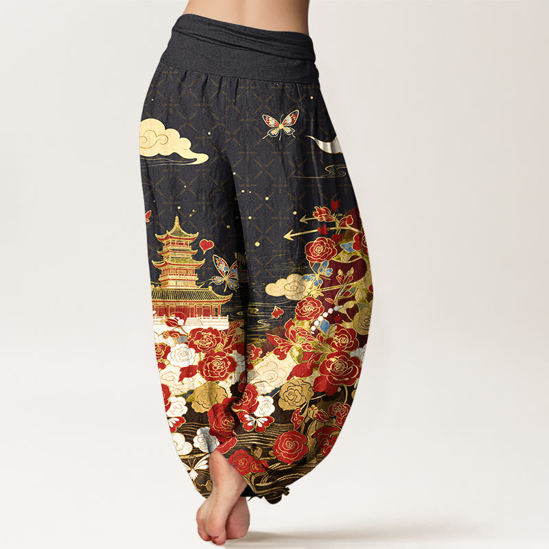 Buddha Stones Pantalones harem de mujer con cintura elástica y estampado de mariposas, rosas y pagodas de algodón. - image 1
