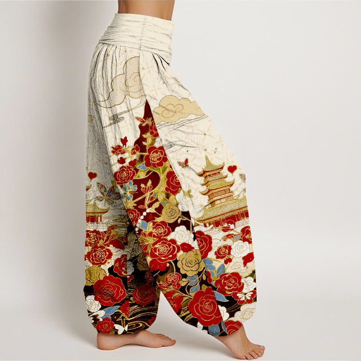 Buddha Stones Pantalones harem de mujer con cintura elástica y estampado de mariposas, rosas y pagodas de algodón. - image 7