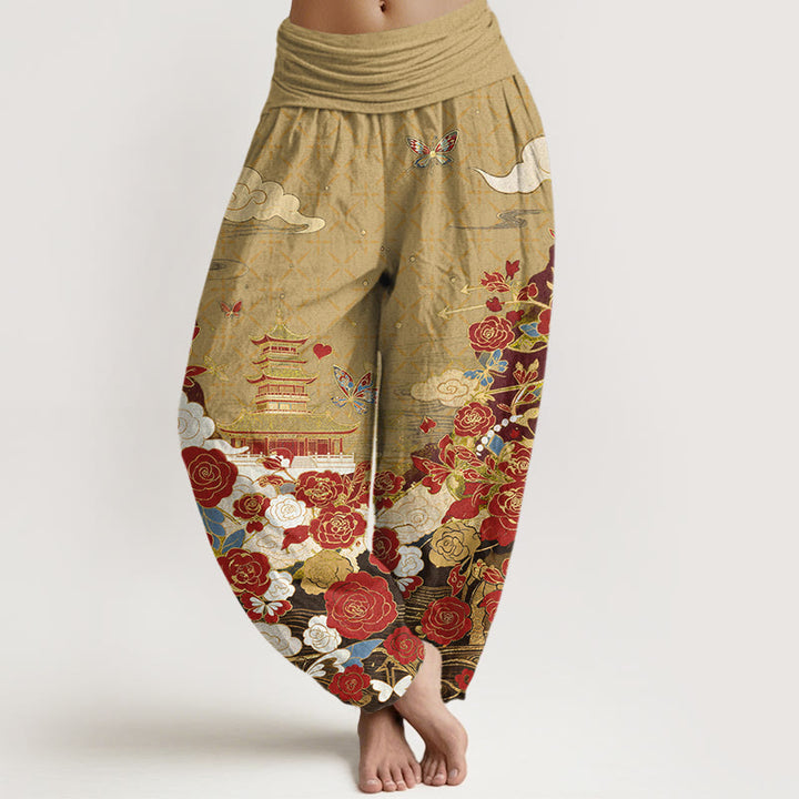 Buddha Stones Pantalones harem de mujer con cintura elástica y estampado de mariposas, rosas y pagodas de algodón. - Caqui oscuro - US16，UK/AU20，EU48 (3XL) - image 8