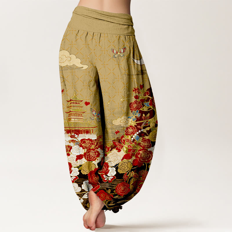 Buddha Stones Pantalones harem de mujer con cintura elástica y estampado de mariposas, rosas y pagodas de algodón. - image 9