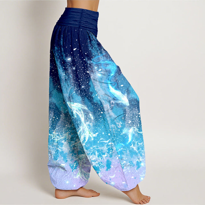 Buddha Stones Pantalones harem de algodón con estampado acuático de peces koi para mujer con cintura elástica. - image 2