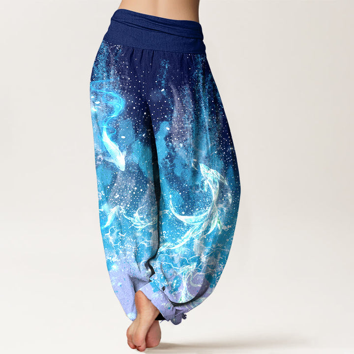 Buddha Stones Pantalones harem de algodón con estampado acuático de peces koi para mujer con cintura elástica. - image 1