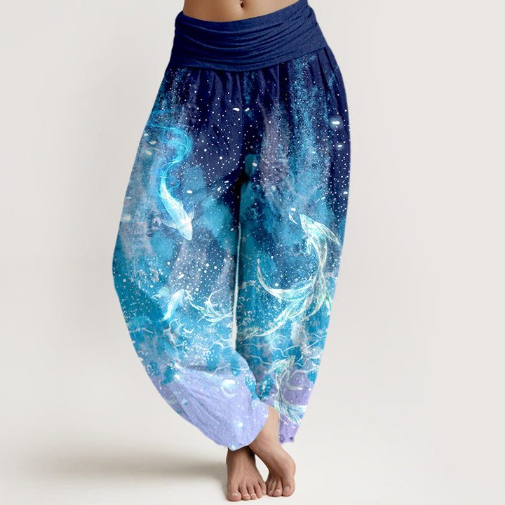 Buddha Stones Pantalones harem de algodón con estampado acuático de peces koi para mujer con cintura elástica. - Azul oscuro - US16，UK/AU20，EU48 (3XL) - image 0