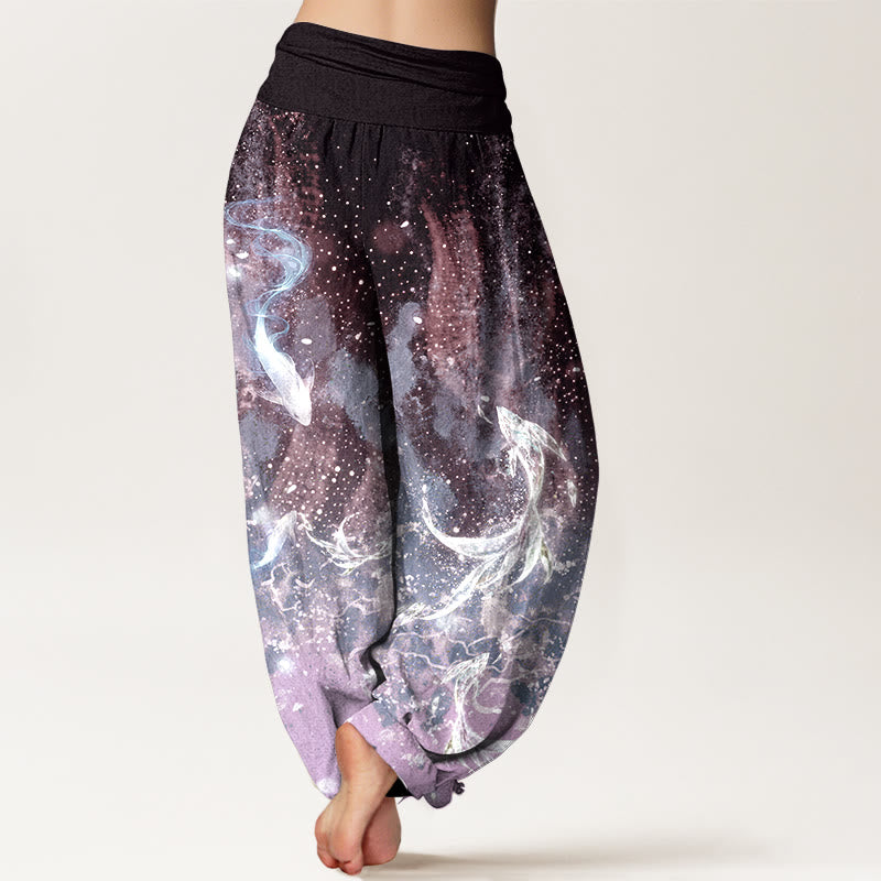 Buddha Stones Pantalones harem de algodón con estampado acuático de peces koi para mujer con cintura elástica. - image 6