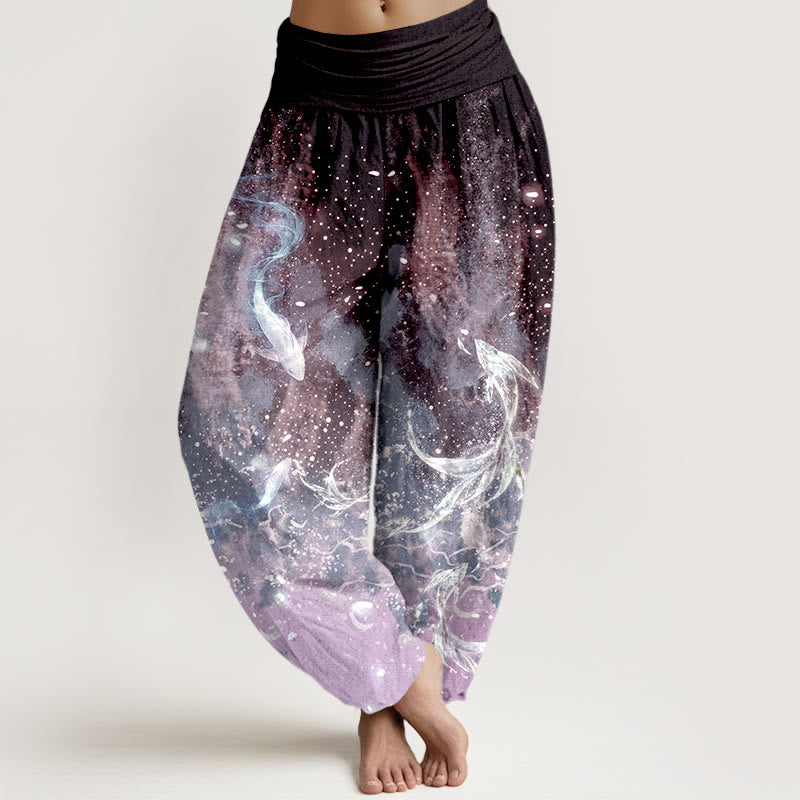 Buddha Stones Pantalones harem de algodón con estampado acuático de peces koi para mujer con cintura elástica. - Morado medio - US16，UK/AU20，EU48 (3XL) - image 5