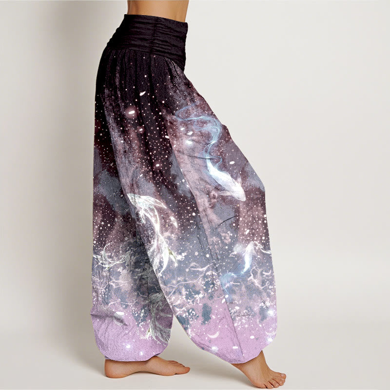 Buddha Stones Pantalones harem de algodón con estampado acuático de peces koi para mujer con cintura elástica. - image 7