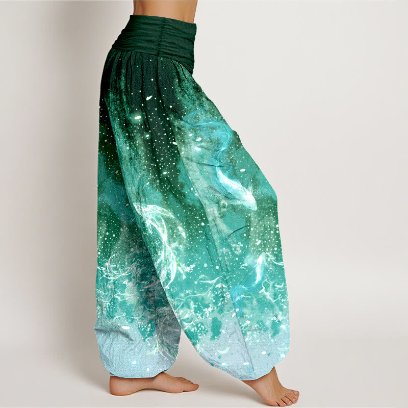 Buddha Stones Pantalones harem de algodón con estampado acuático de peces koi para mujer con cintura elástica. - image 10
