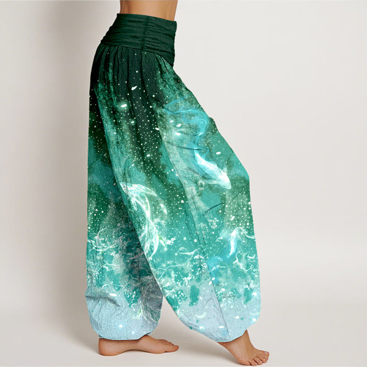 Buddha Stones Pantalones harem de algodón con estampado acuático de peces koi para mujer con cintura elástica. - image 10
