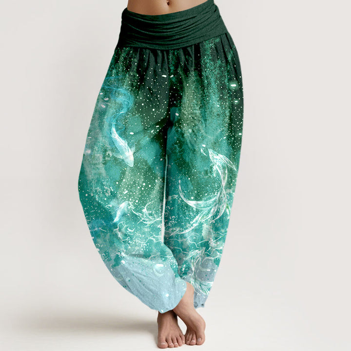 Buddha Stones Pantalones harem de algodón con estampado acuático de peces koi para mujer con cintura elástica. - Verde bosque - US16，UK/AU20，EU48 (3XL) - image 8