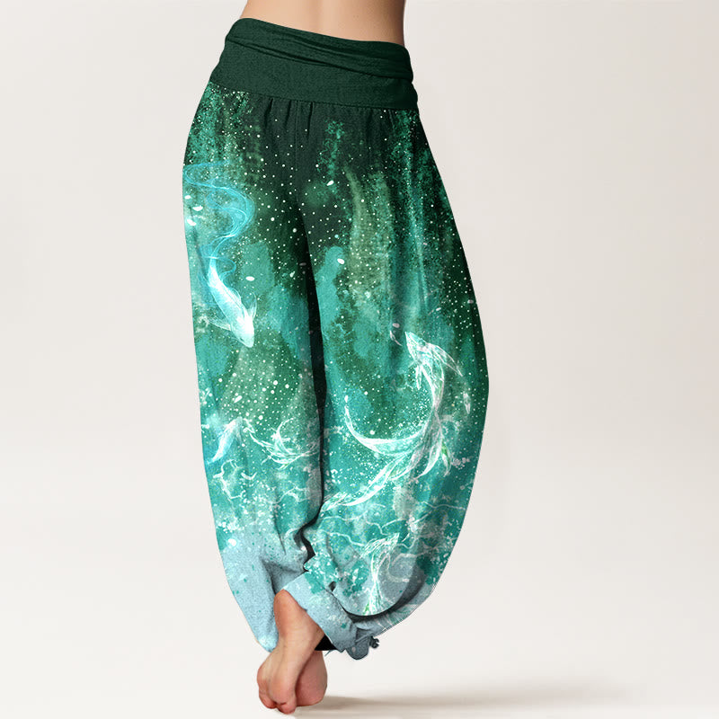 Buddha Stones Pantalones harem de algodón con estampado acuático de peces koi para mujer con cintura elástica. - image 9
