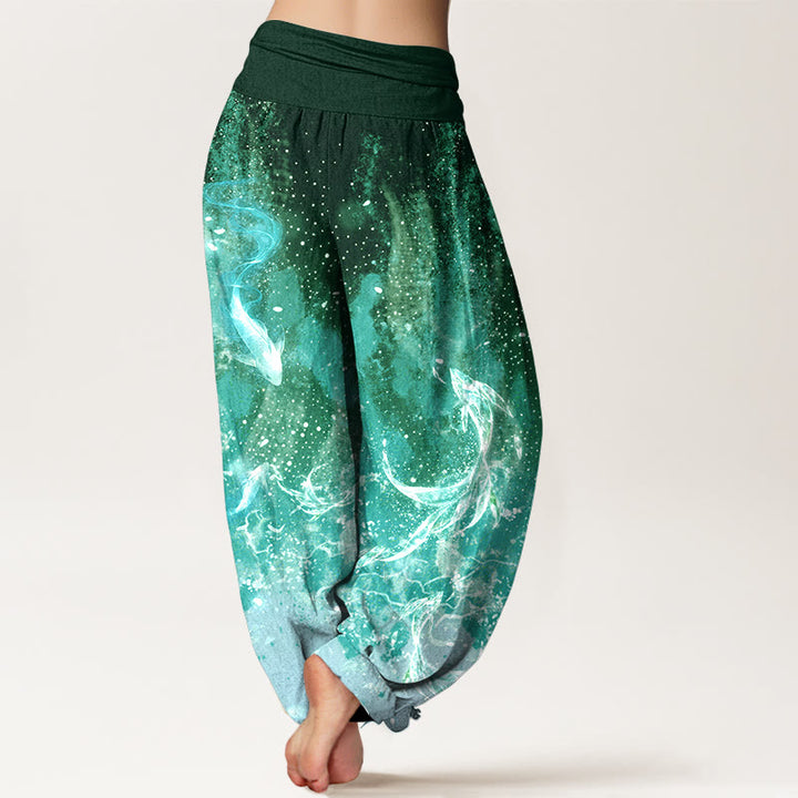 Buddha Stones Pantalones harem de algodón con estampado acuático de peces koi para mujer con cintura elástica. - image 9