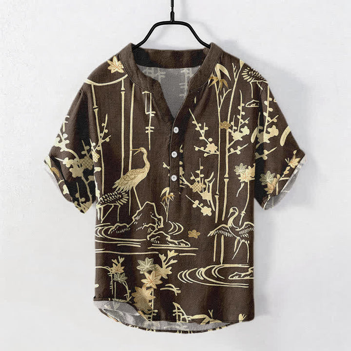 Buddha Stones Camisa de manga corta con medio botón para hombre, con estampado floral de bambú y grullas de algodón. - Marrón silla de montar - US/UK/AU50, EU60 (5XL) - image 5
