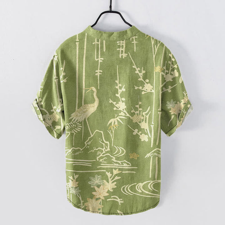 Buddha Stones Camisa de manga corta con medio botón para hombre, con estampado floral de bambú y grullas de algodón. - image 8