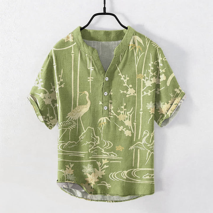 Buddha Stones Camisa de manga corta con medio botón para hombre, con estampado floral de bambú y grullas de algodón. - Verde amarillento - US/UK/AU50, EU60 (5XL) - image 7