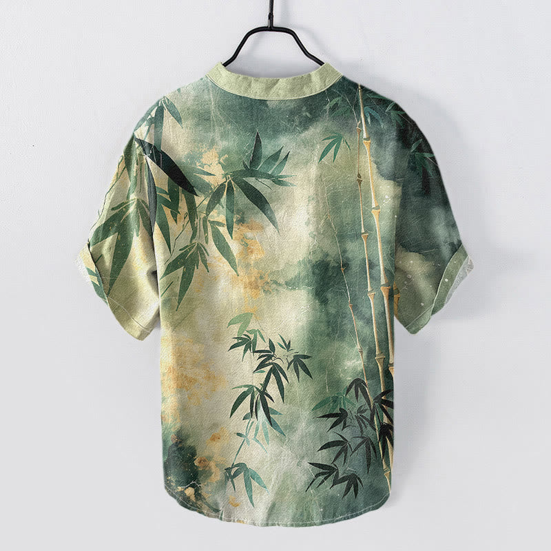 Buddha Stones Camisa de manga corta con medio botón y estampado de bambú de algodón para hombre - image 1