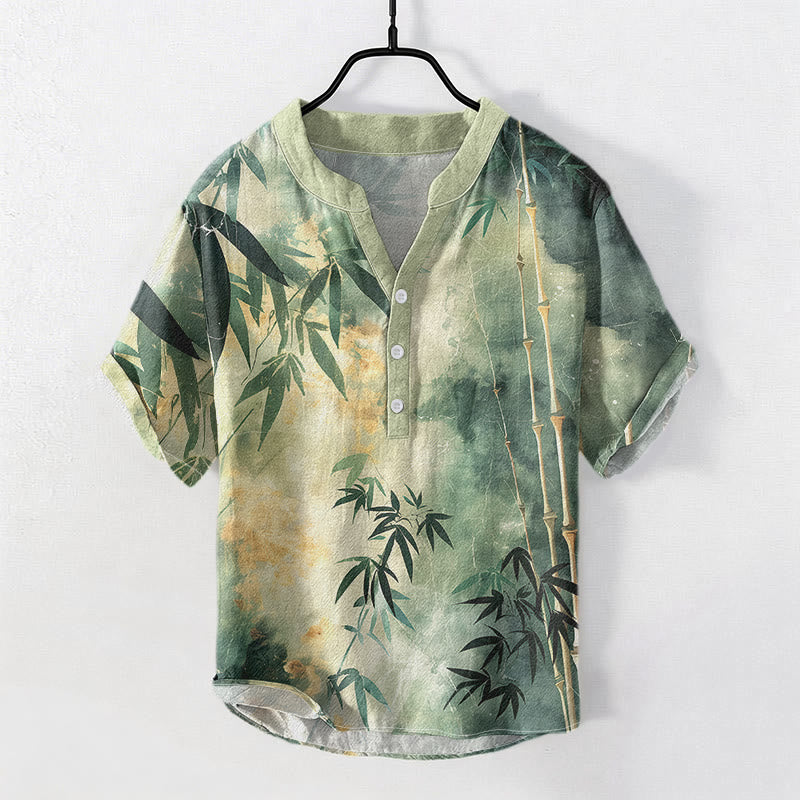 Buddha Stones Camisa de manga corta con medio botón y estampado de bambú de algodón para hombre - image 0