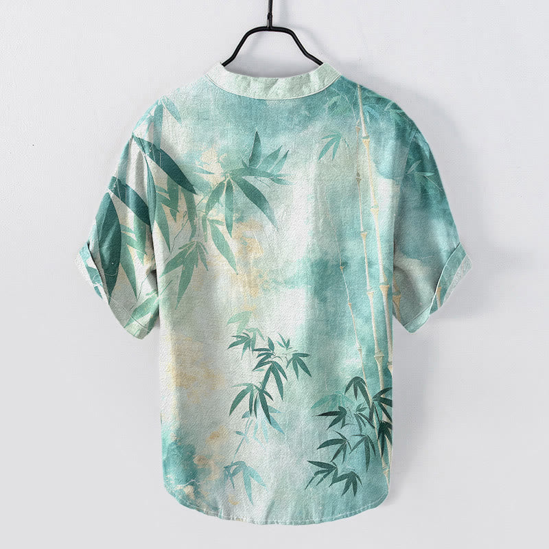 Buddha Stones Camisa de manga corta con medio botón y estampado de bambú de algodón para hombre - image 5