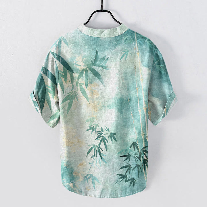 Buddha Stones Camisa de manga corta con medio botón y estampado de bambú de algodón para hombre - image 5