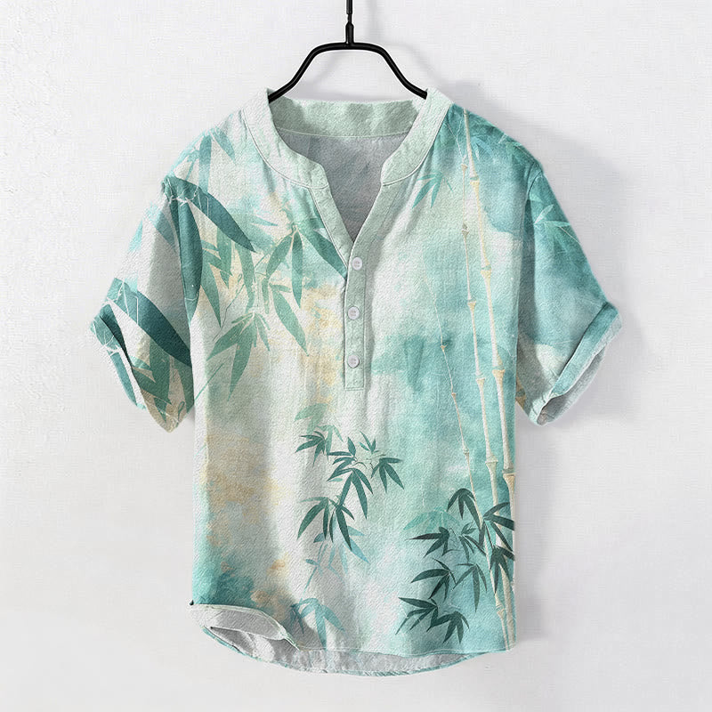 Buddha Stones Camisa de manga corta con medio botón y estampado de bambú de algodón para hombre - Turquesa medio - US/UK/AU50, EU60 (5XL) - image 4