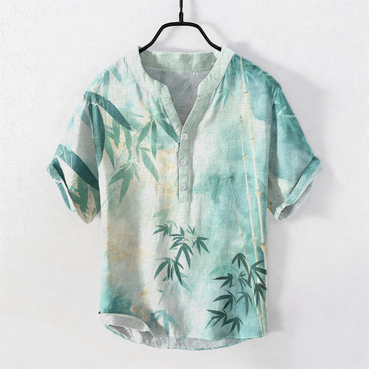 Buddha Stones Camisa de manga corta con medio botón y estampado de bambú de algodón para hombre - Turquesa medio - US/UK/AU50, EU60 (5XL) - image 4