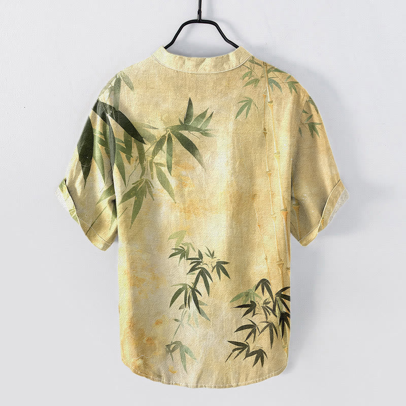 Buddha Stones Camisa de manga corta con medio botón y estampado de bambú de algodón para hombre - image 7