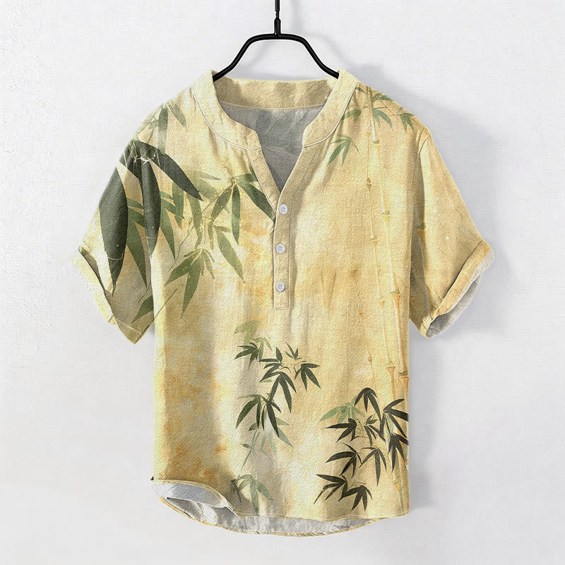 Buddha Stones Camisa de manga corta con medio botón y estampado de bambú de algodón para hombre - Caqui - US/UK/AU50, EU60 (5XL) - image 6
