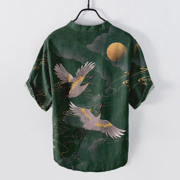 Buddha Stones Camisa de manga corta con medio botón para hombre, de algodón, con estampado de grullas y luna llena. - image 6