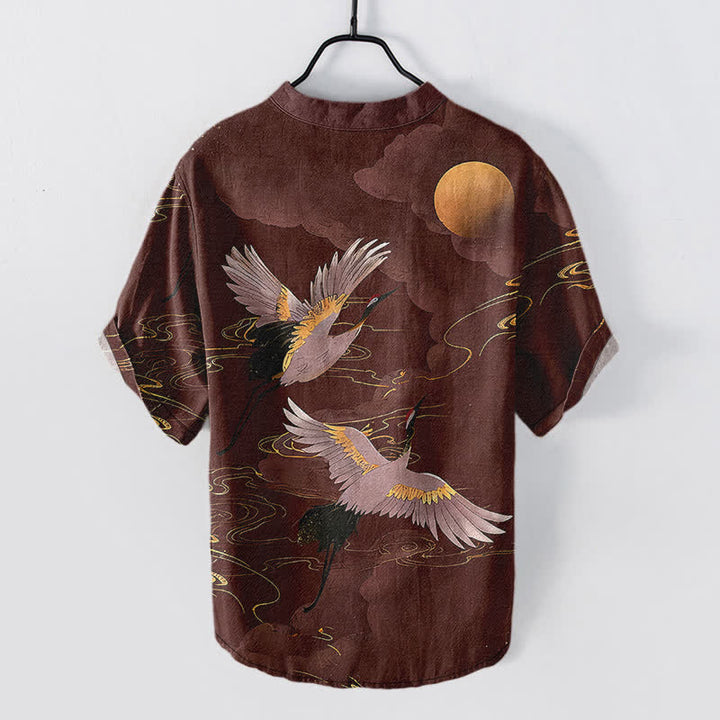 Buddha Stones Camisa de manga corta con medio botón para hombre, de algodón, con estampado de grullas y luna llena. - image 8