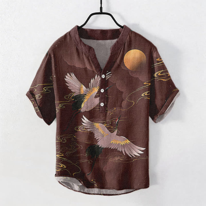 Buddha Stones Camisa de manga corta con medio botón para hombre, de algodón, con estampado de grullas y luna llena. - Marrón - US/UK/AU50, EU60 (5XL) - image 7