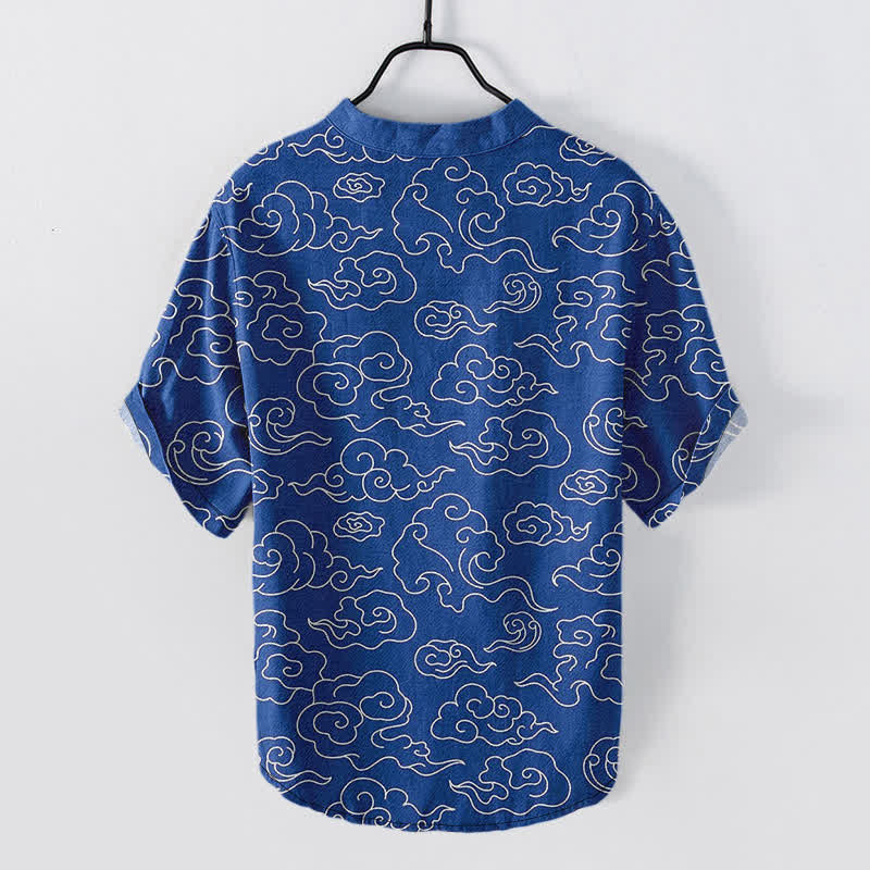 Buddha Stones Camisa de manga corta con medio botón y estampado de nubes de algodón para hombre - image 1