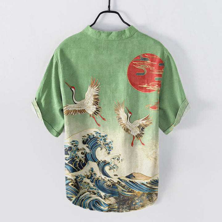 Buddha Stones Camisa de manga corta con medio botón para hombre, de algodón, con estampado de grullas, olas y sol. - image 6
