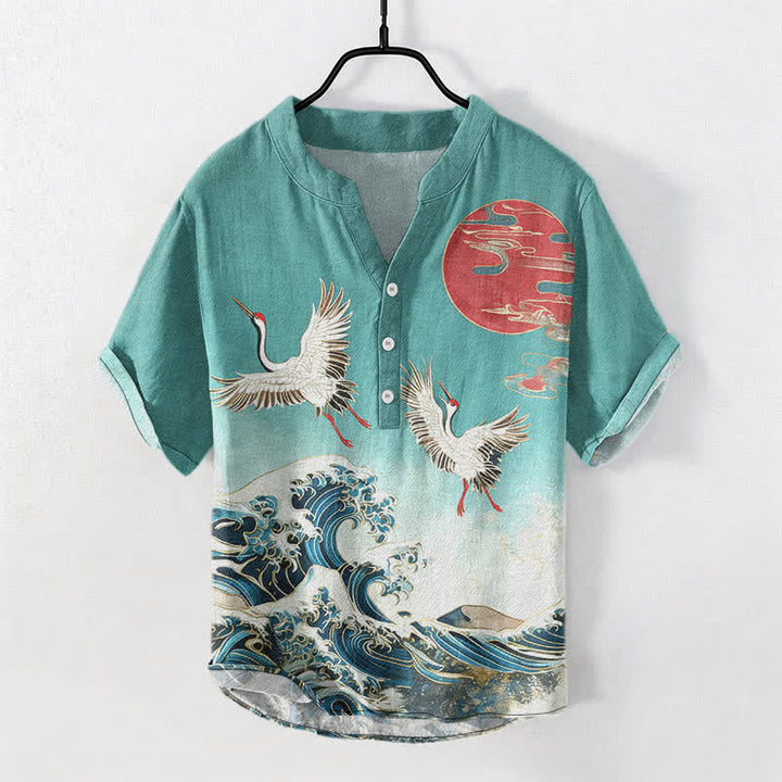 Buddha Stones Camisa de manga corta con medio botón para hombre, de algodón, con estampado de grullas, olas y sol. - Azul cadete - US/UK/AU50, EU60 (5XL) - image 7